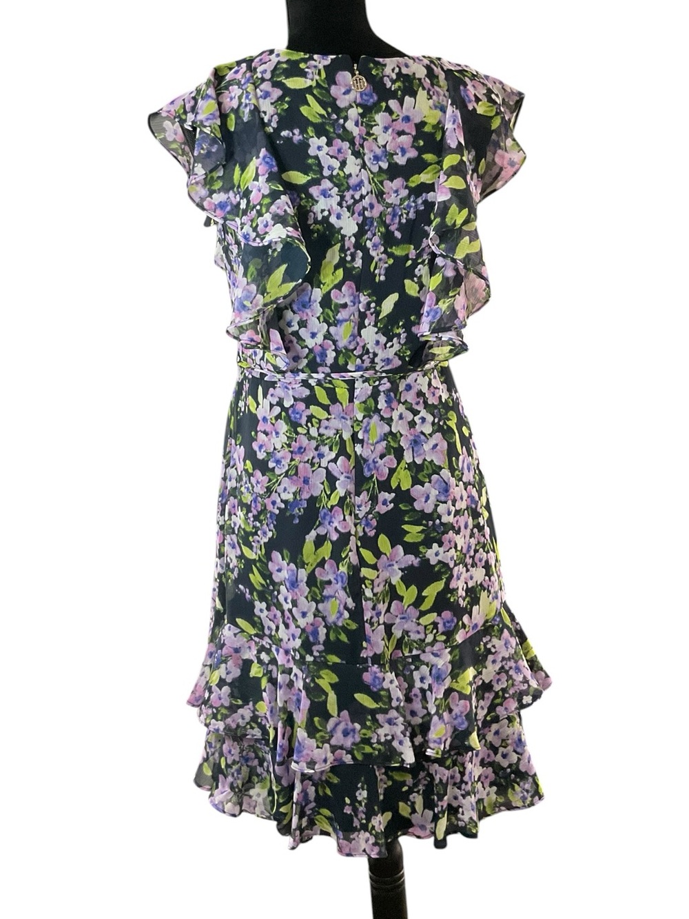 Tommy Hilfiger Blue Ruffle Chiffon Midi Dress with Purple Floral Print - Picture 5 of 9